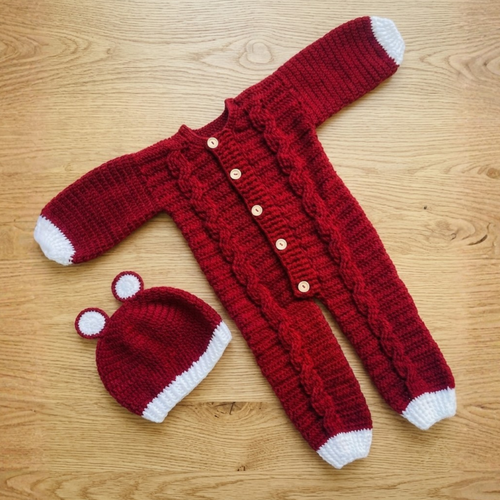 Baby Cable Jumpsuit with Bear Cap
